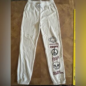 Old Navy Off-White Sweatpants with Red & Black Graphic Design